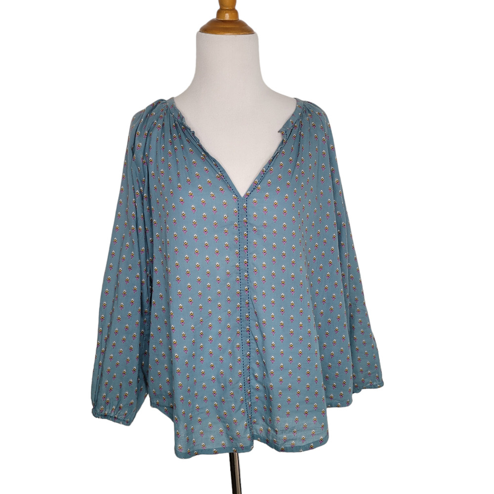 Roller Rabbit Peasant Lucy Blouse Blue Cotton Floral Print Relaxed Women Medium